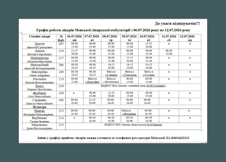 Графік роботи лікарів Менської амбулаторії з 6 по 12 липня